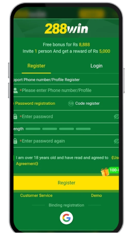 288Win game sign-up screen