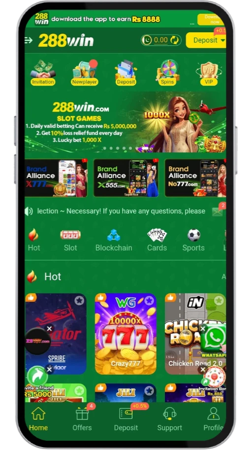 288Win game home screen, games categories.