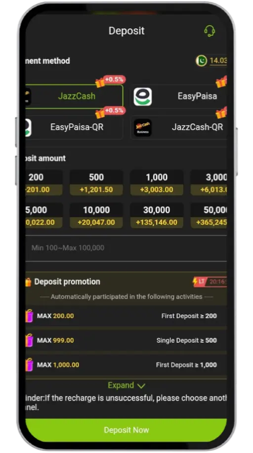 ZS999 game Deposit screen